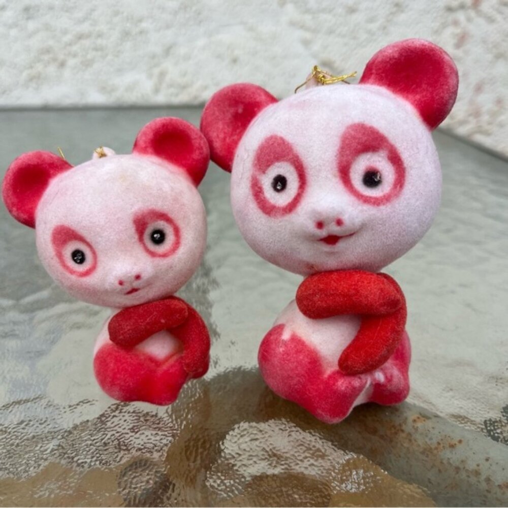 Vintage Blow Mold Flocked Red & White Panda Bear Ornaments Set of 2